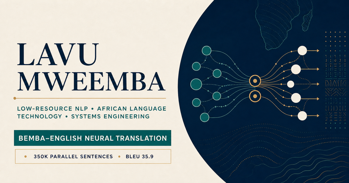 Lavu Mweemba research identity artwork showing a Bemba–English neural language network